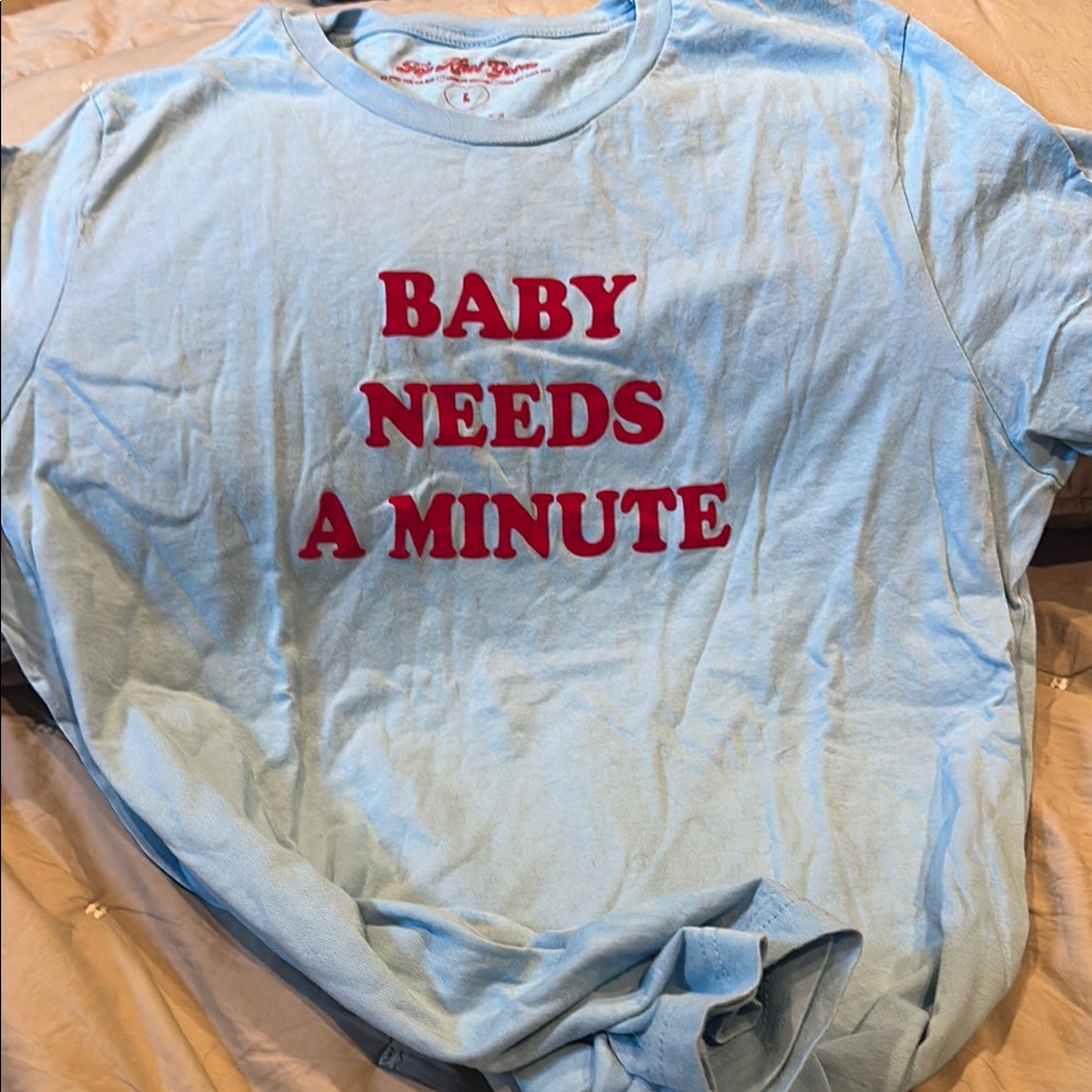 Light Blue Graphic T Shirt with Red Print. Slogan T-shirt